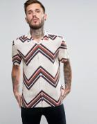 Asos Viscose Shirt With Chevron Zig Zag Print And Revere Collar In Oversized Fit - Beige