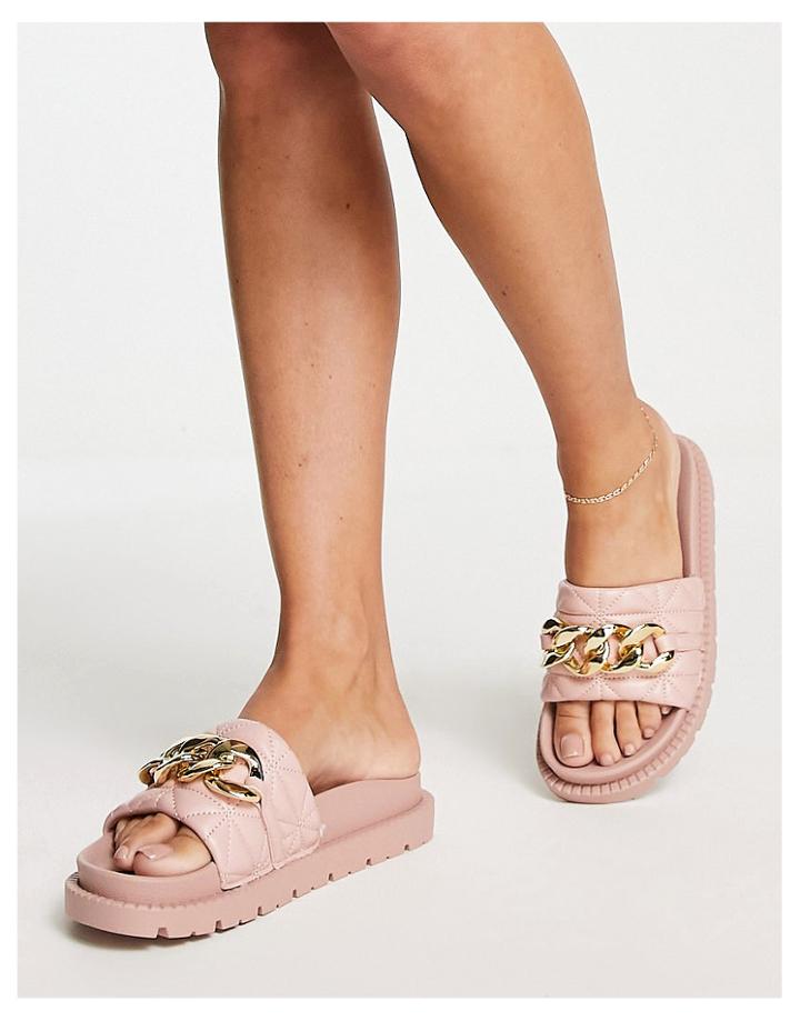 River Island Chain Quilted Slides In Pink