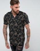 Asos Regular Fit Shirt In Vintage Floral Print With Raw Hem - Black
