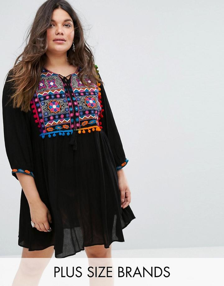 Alice & You Smock Dress With Mirror Embroidery And Pom Pom Trim - Black