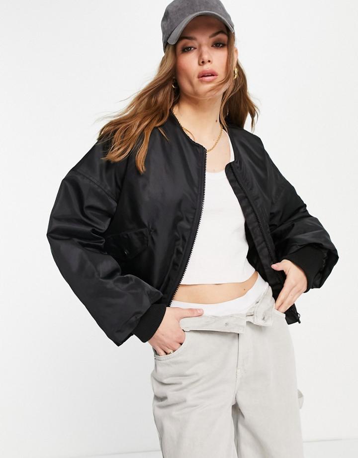 Topshop Cropped Collarless Bomber Jacket In Black