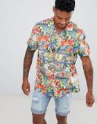 Asos Design Relaxed Hawaiian Floral Postcard Print Shirt With Revere Collar-blue