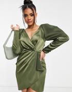 Asos Design Satin Wrap Mini Dress In Khaki-green