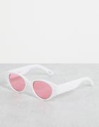 Asos Design Retro Recycled Oval Sunglasses With Pink Lens In White