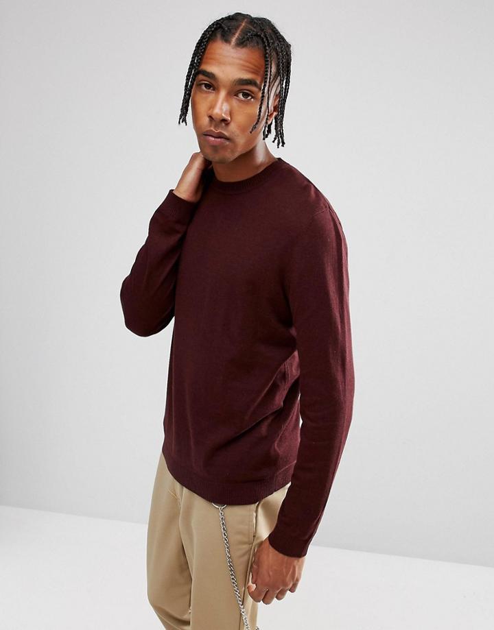 Asos Crew Neck Cotton Sweater In Burgundy - Red