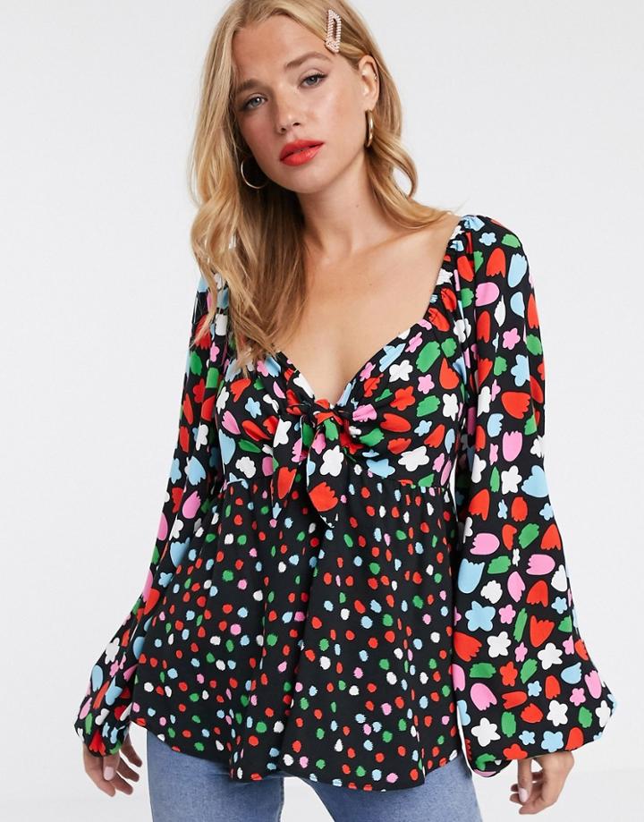 Asos Design Top With Volume Long Sleeve And Tie Front In Mix And Match Print-multi