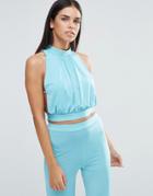 Love High Neck Tie Back Top With Lace Detail - Aqua