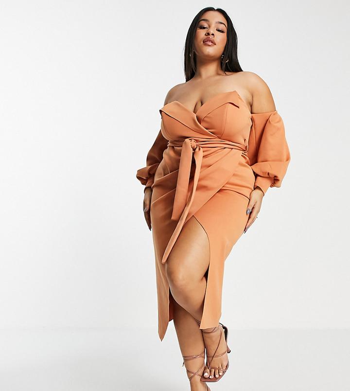 Asos Design Curve Collar Wrap Pencil Midi Dress In Caramel-multi
