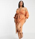 Asos Design Curve Collar Wrap Pencil Midi Dress In Caramel-multi