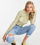 Asos Design Tall Cropped Mesh Long Sleeve Top In Daisy-multi