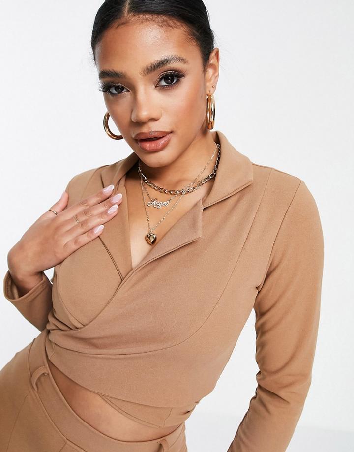 Femme Luxe Cropped Jersey Blazer In Tan - Part Of A Set-brown