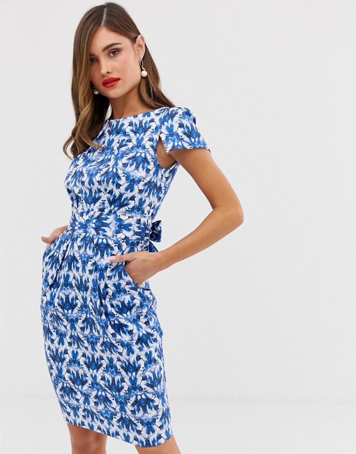 Closet London Cap Sleeve Wiggle Dress In Blue Jewel Print-multi