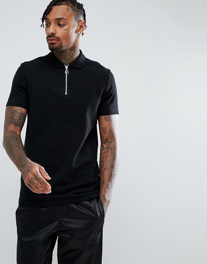 Asos Design Pique Polo With Zip Neck In Black - Black