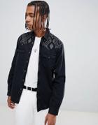 Asos Design Regular Fit Western Denim Shirt With Geo-tribal Print - Black