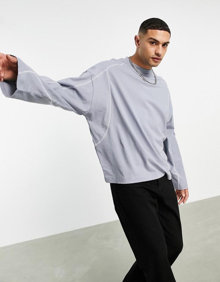 Asos Design Oversized Long Sleeve T-shirt In Pique With Seaming Detail In Gray
