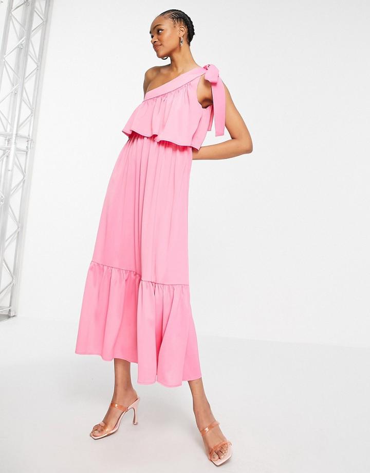 Y.a.s Midi One Shoulder Dress With Tie And Layered Top In Pink