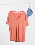Asos Design Relaxed Longline T-shirt With Deep V Neck In Viscose In Brick-orange