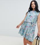 Brave Soul Plus Celeste Double Layer Floral Dress With Pom Pom Trim - Blue