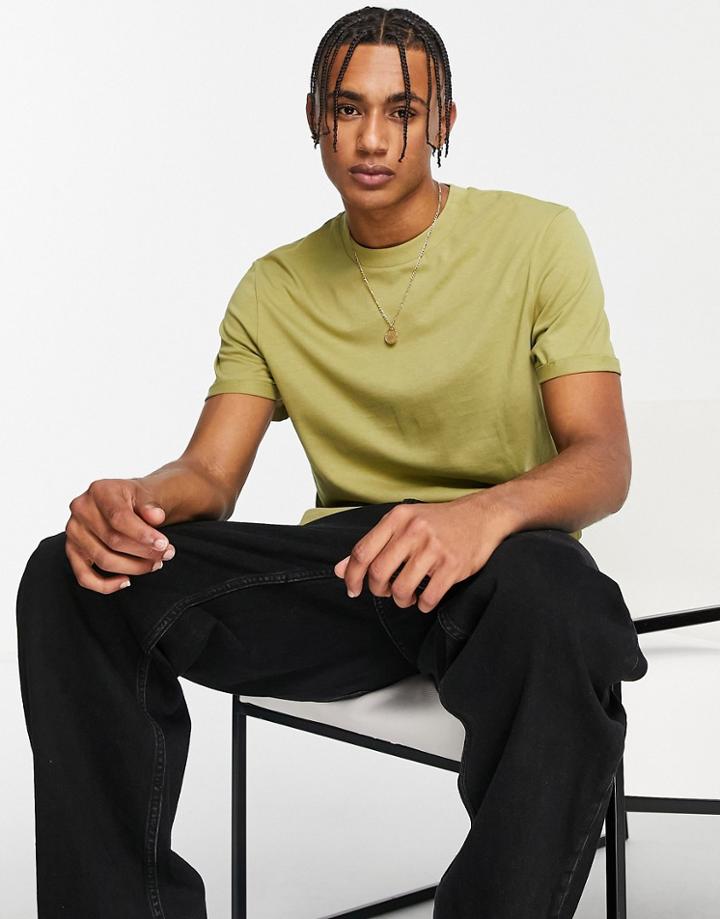 Asos Design T-shirt With Roll Sleeves In Khaki-green