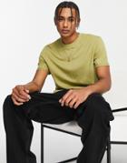 Asos Design T-shirt With Roll Sleeves In Khaki-green