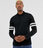 Asos Design Tall Organic Long Sleeve Polo Shirt With Contrast Sleeve Stripe In Black