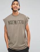 Asos Super Oversized Sleeveless T-shirt With Military Print In Khaki - Khaki