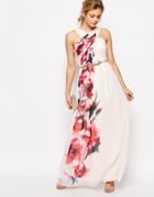 Little Mistress Cross Front Floral Placement Maxi Dress - Nude Floral