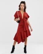 Asos Design Deep V Pep Hem Midi Dress-brown