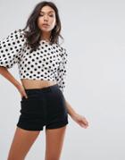 Prettylittlething Polka Dot Puff Sleeve Crop Top - White