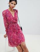 Y.a.s Floral Mesh Mini Wrap Dress In Pink-multi