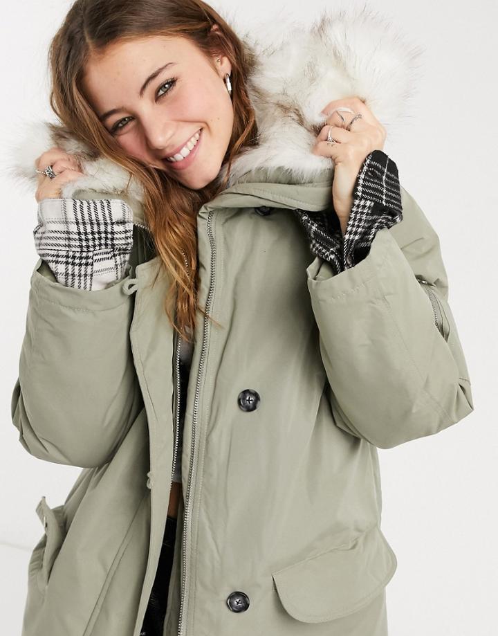 Asos Design Longline Parka With Faux Fur Trim In Gray-grey