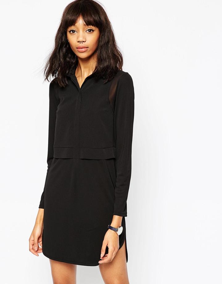 Asos Shirt Dress In Mixed Fabric - Black