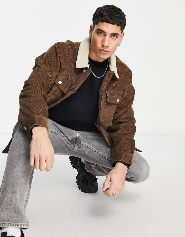 Asos Design Oversized Cord Jacket With Sherpa Collar In Brown