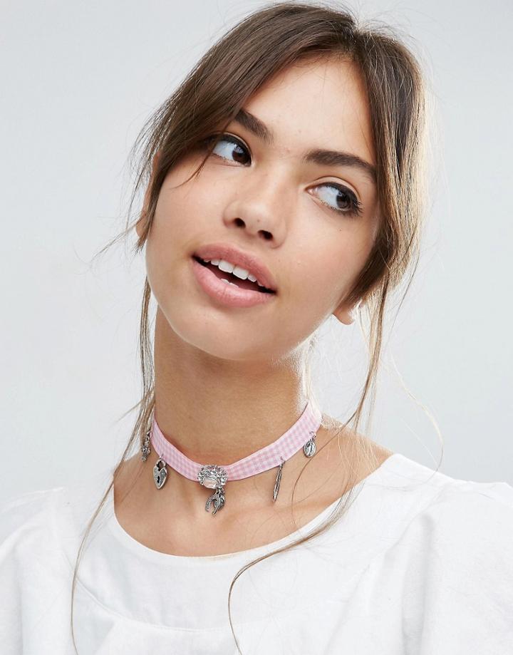 Asos Gingham Charm Choker Necklace - Pink