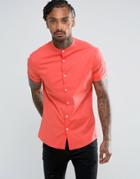 Asos Skinny Shirt With Grandad Collar In Coral - Pink