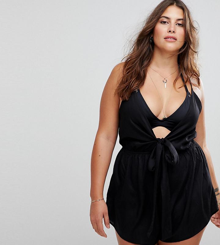 Asos Curve Tie Front Beach Romper - Black
