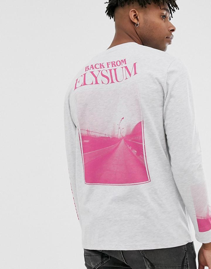 Asos Design Relaxed Long Sleeve T-shirt Elysium Back And Sleeve Print In White Marl