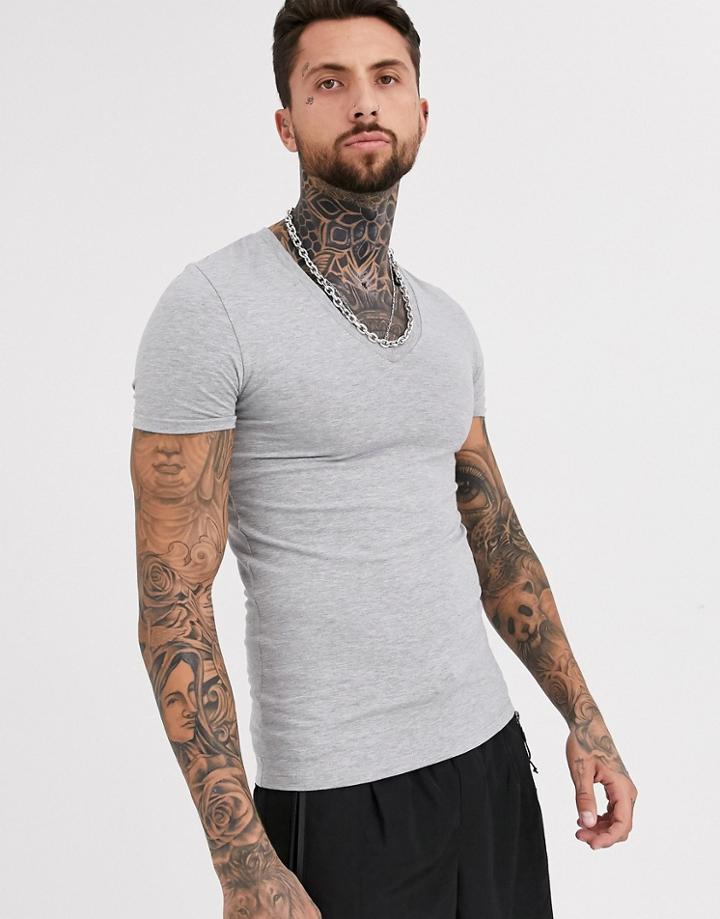 Asos Design Muscle Fit T-shirt With Deep V Neck In Gray Marl
