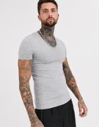Asos Design Muscle Fit T-shirt With Deep V Neck In Gray Marl