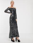 Goddiva Bandeau Maxi Dress In Charcoal Sequin-black