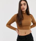 Missguided Ribbed Long Sleeve Crop Top In Tan - Blue