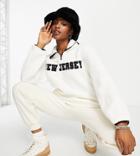 Bershka Shearling Zip Front Fleece With Varsity Slogan In White