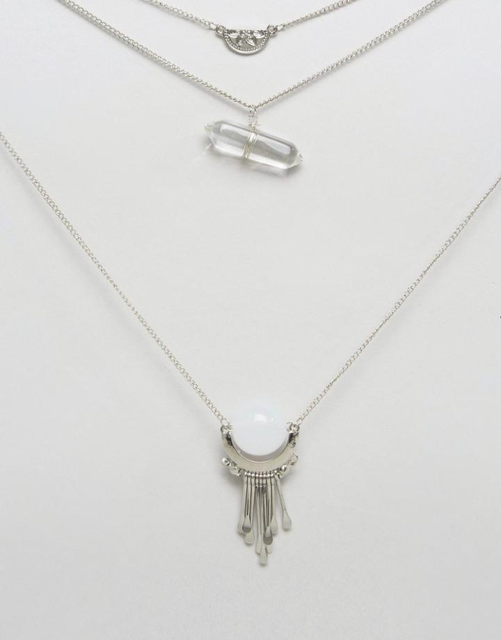 Ashiana Multi Layered Festival Necklace With Stone Pendant - Silver