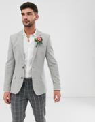 Asos Design Wedding Skinny Wool Mix Blazer With Wide Herringbone In Gray