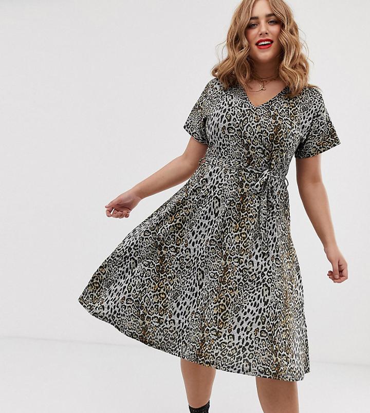 Simply Be Tie Waist Midi Dress In Gray Leopard
