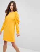Asos Sweat Dress With Ruched Arms - Yellow