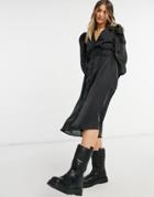 Object Satin Midi Dress With Self Belt In Black