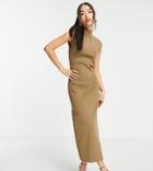 Urban Bliss High Neck Shoulder Padded Midi Dress In Khaki-green