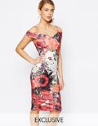 Hope And Ivy Bardot Pencil Dress With Floral Placement Print - Red Multi Print