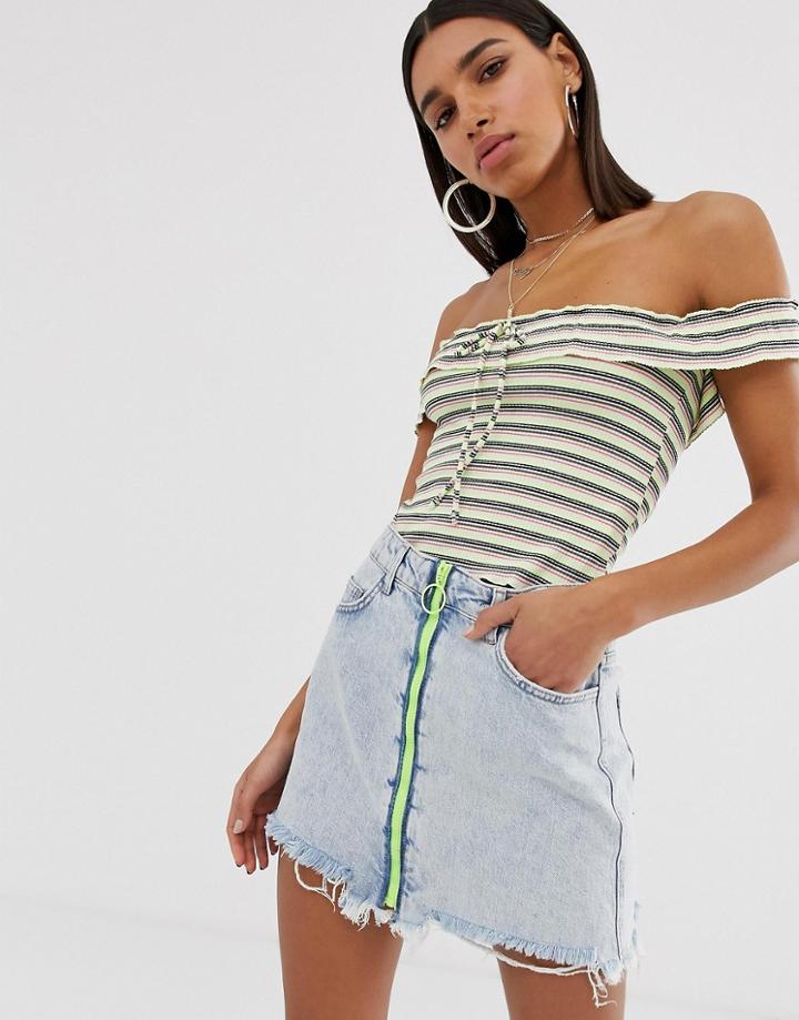 Bershka Ribbed Off The Shoulder Top In Green Stripe - Green